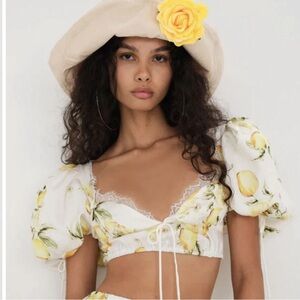For Love And Lemons White and Yellow Crop Top